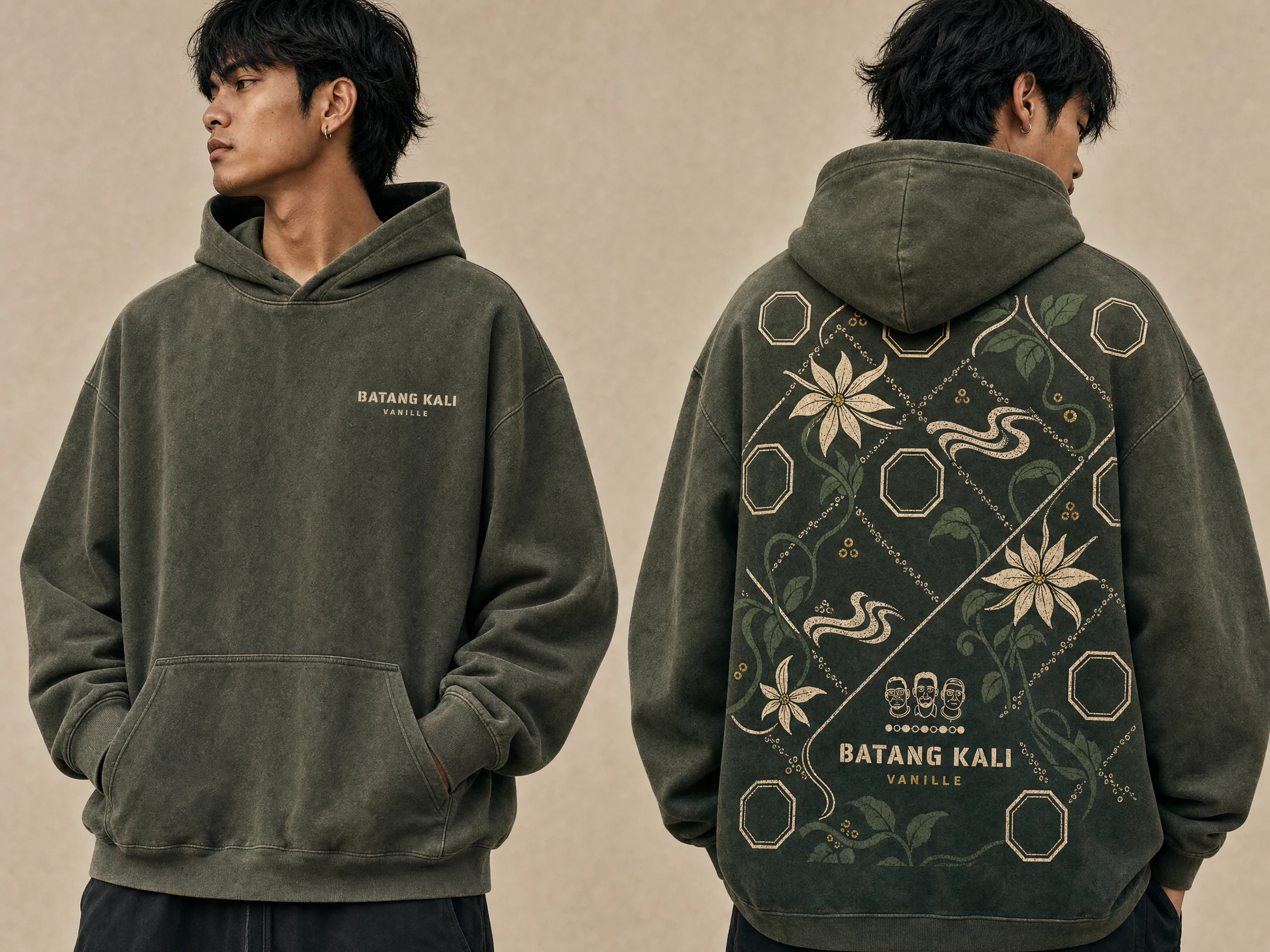 Front and back views of the olive Curing Room Hoodie