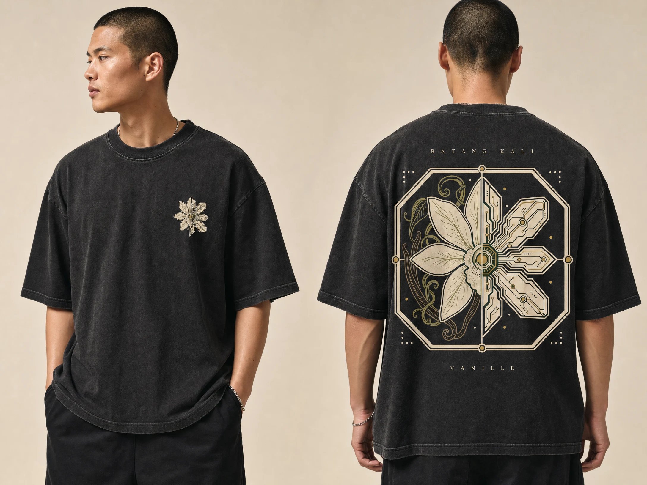 Front and back views of the washed charcoal Vanilla Planifolia Tee